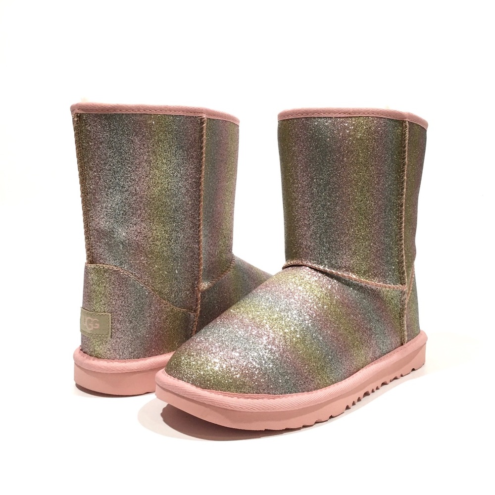 UGG CLASSIC II METALLIC GLITTER BOOTS -ROSE GOLD GLITTER SUEDE -BIG KIDS US 5